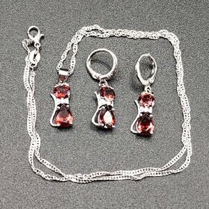 925 Silver CZ Red Ruby Cat Necklace Earrings Set Valentines Anniversary Gift NEW